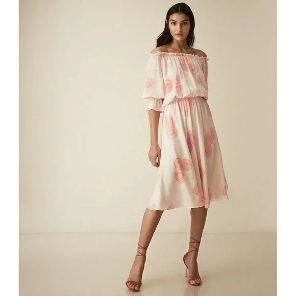 REISS Peaches Floral‎ Bardot Midi Dress Size 4 - Picture 2 of 11